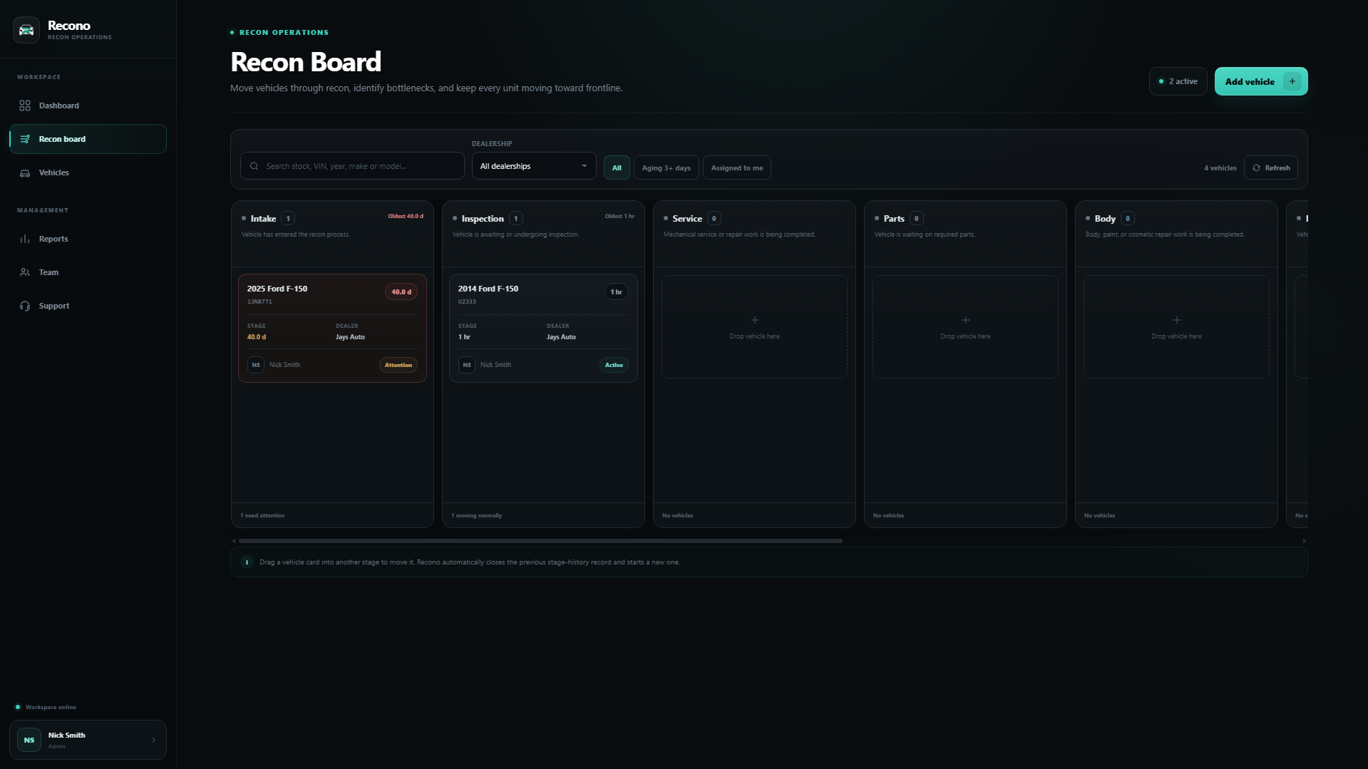Recono Recon Board showing dealership vehicles moving through intake, inspection, service, parts, body, detail, photos, and frontline stages.